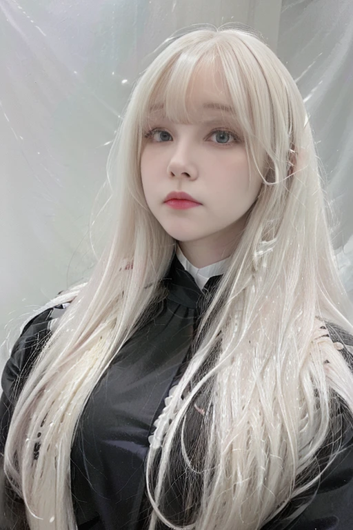 a close up of a person with long white hair and a black jacket, white hime cut hairstyle, white bangs, long white hair and bangs, with long white hair, cabello con white bangs, with long white hair, intense white fur, cruel korean gothic girl, pale porcelain white skin, girl with white hair, pale fur, beautiful face with white fur