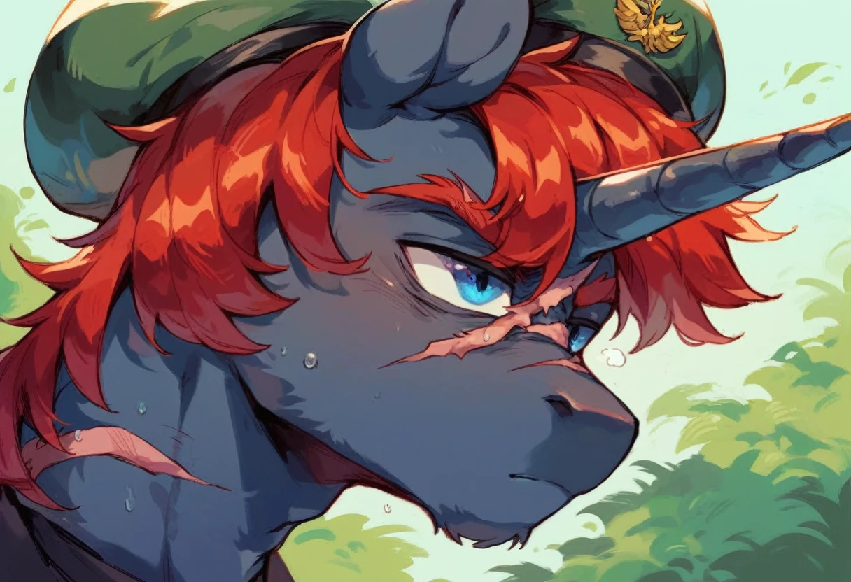 Male alicorn pony, black fur, long red hair, deep blue eyes, red feathers on wings, scar over left eye, red striping, vietnam-era army uniform, boonie hat, in a swamp, sweating, close-up portrait