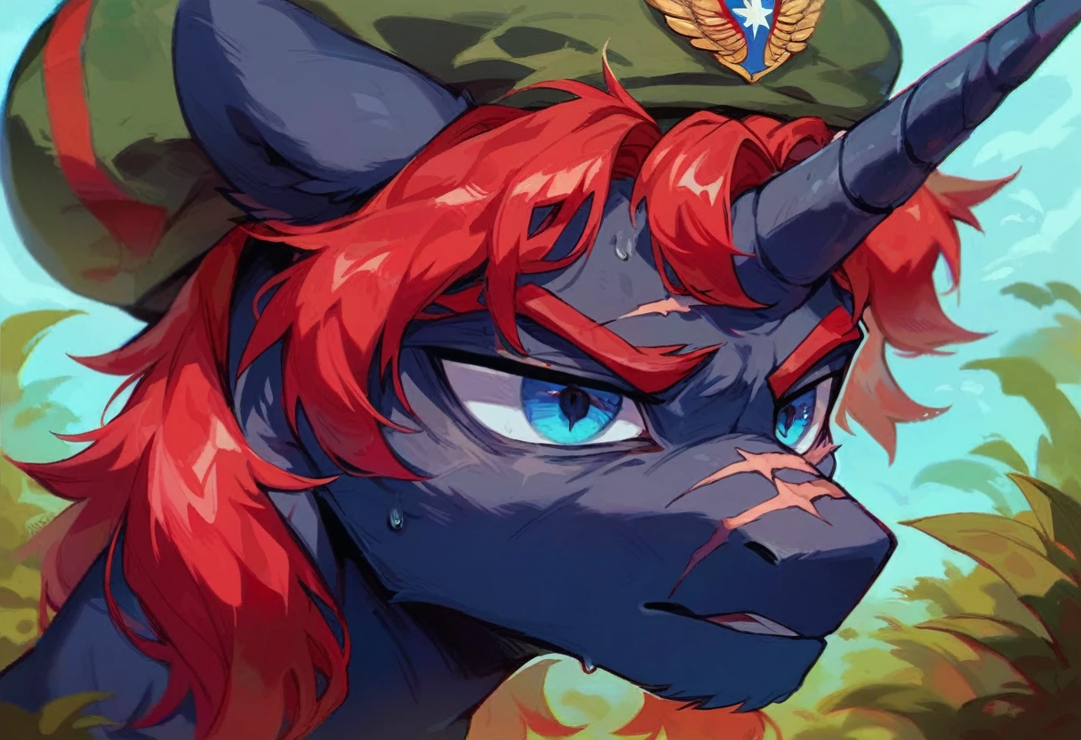 Male alicorn pony, black fur, long red hair, deep blue eyes, red feathers on wings, scar over left eye, red striping, vietnam-era army uniform, boonie hat, in a swamp, sweating, close-up portrait