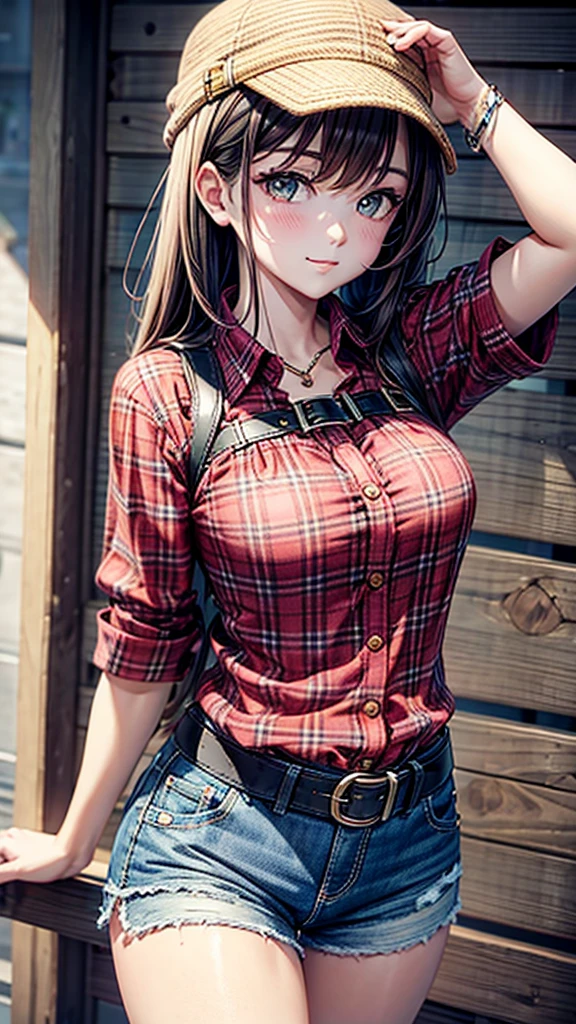 One with a cavaquinho skirt with a top buckle and a plaid blouse with a back, leaving a glimpse of her butt