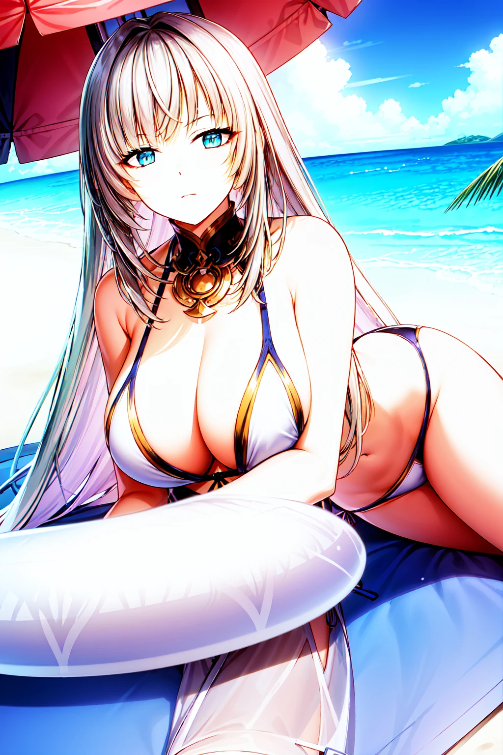 masterpiece, best quality, ultra-detailed, illustration, warm lighting, bright colors, 1girl, solo, blue eyes, silver hair, very long hair, tassel, orochi,

cowboy shot,

ocean, water, beach, beach towel, towel, umbrella, beach umbrella, swim suit, volley ball, beach ball, sand, palm trees, lying down, ((bikini)), cleavage, (string bikini), lying down, on stomach, arms crossed, ((expressionless)), sunshine, sun, water, bathing suit, swim wear, towels, drinks, umbrella, surf board, waves, 

outdoors, 

