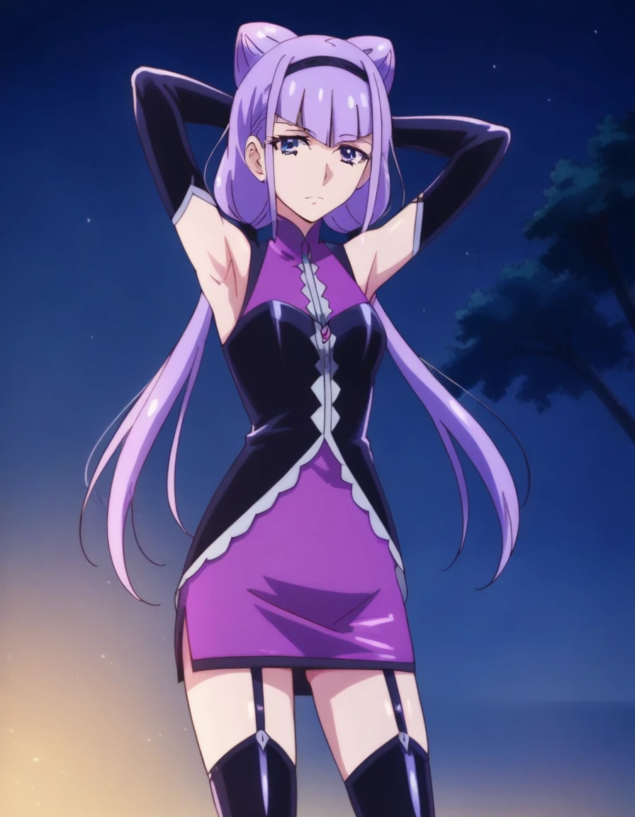 ruru amour, purple hair, hair cones, bangs, purple eyes, hairband, low twintails, purple dress, short dress, black shirt, sleeveless, elbow gloves, bridal gauntlets, garter straps, shiny skin, high quality, solo, 1girl, night sky, beach, arms behind head, (contrapposto), closed mouth, spread armpits, (cowboy shot:1.5), looking at viewer, best quality, expressionless,