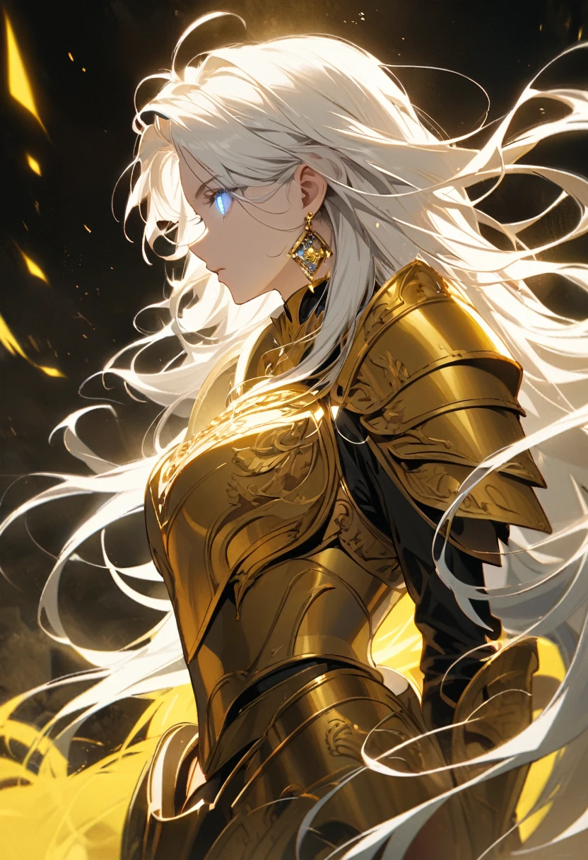 woman, god, god eyes, blue eyes, glowing eyes, yellow aura, golden armor, windy hair, long hair, white hair, god mature, god eyes, side view, diamond earings