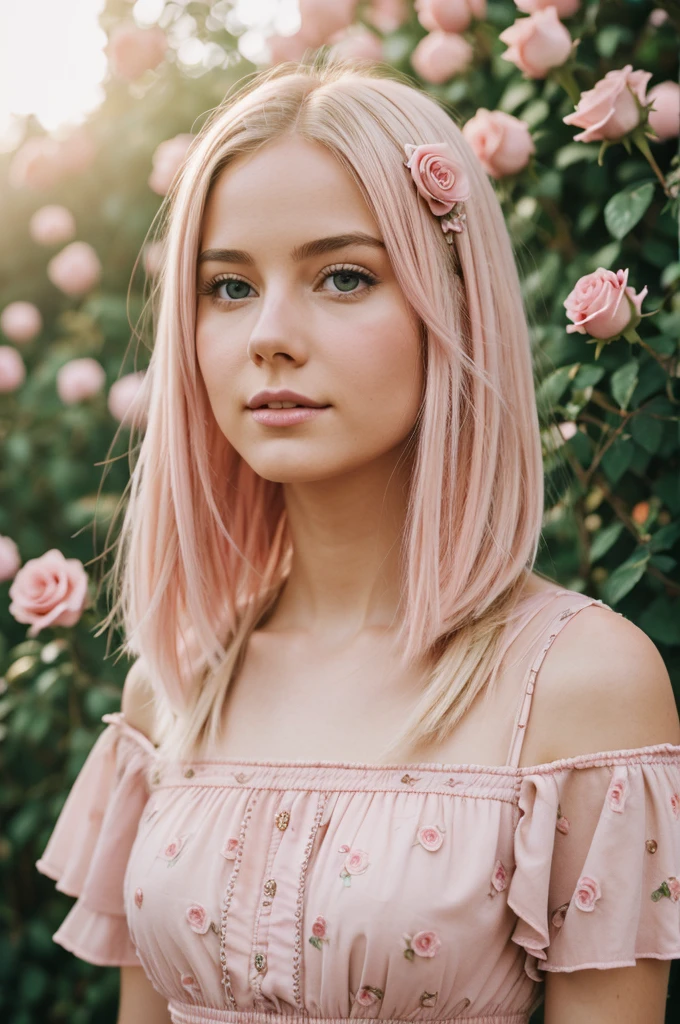 8k, RAW photo, Fujifilm, style photo of a beautiful young woman as avril in a garden of light pink roses (highly detailed skin: 1.2) Style-Petal BREAK short hair, blonde hair with colored locks, wearing a dress, film granulation, 35mm, cute style