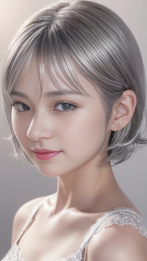 (a cute ultra young japanese girl:1.25), extremely detailed face, NO makeup, beautiful eyes with long eyelashes, charming eyes, dropped eyes, small delicate nose, lovely smiling lips, (short silver hair:1.5), (porcelain white skin, wearing a lacy camisole, slender figure:1.25), (best quality,4k,8k,highres,masterpiece:1.2),ultra-detailed,(realistic,photorealistic,photo-realistic:1.37),HDR,UHD,studio lighting,ultra-fine painting,sharp focus,physically-based rendering,extreme detail description,professional,vivid colors,bokeh,portraits,soft pastel colors,natural lighting,cinematic composition