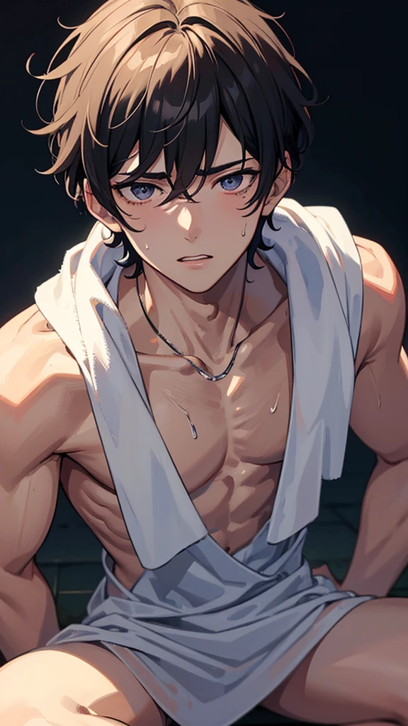 Masterpiece, top quality, 8k, super detailed, anime style, a handsome high school boy in a close-up view, engaged in a club activity. He is sweating with a towel around his neck and is in a crouching position. The illustration captures his determined expression and detailed features, with ultra-detailed rendering. Dreamy, fantasy style