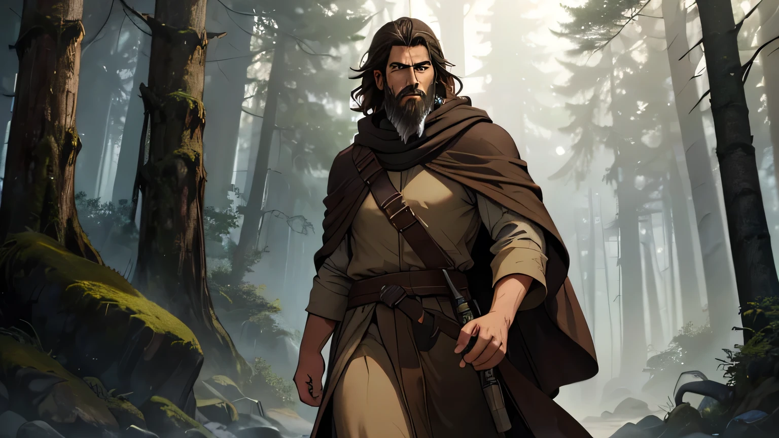 man with a dark grayish brown beard, long dark grayish brown hair, light yellow brown eyes, and a dark brown, light brown tunic from the 4th century BC, with a light brown cloak, about 50 years old, walking in a dark forest background , moody lighting, hyper realistic, cinematic lighting,