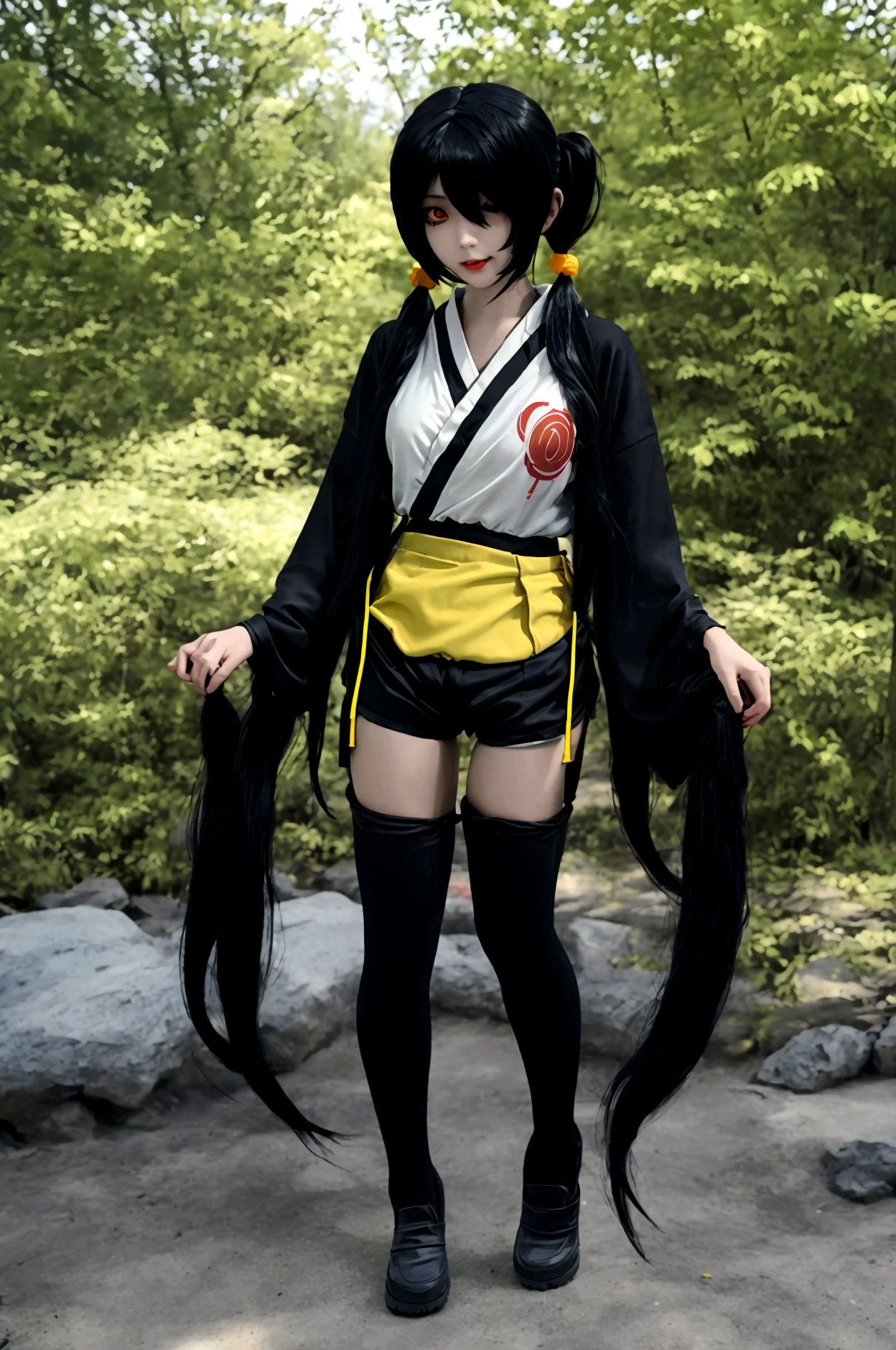 ultra-detailed,highly detailed,best quality,masterpiece,illustration,realistic, photo,photorealistic,
1girl, ((tokisaki kurumi)), ((cosplay)), hair over one eye, (right red eye, left yellow eye), looking at viewer, happy girl, (twintail) , ((kimono)), (((Black hotpants))), hair rings, loafers,
(Outdoors), walking, ((forest)) 
