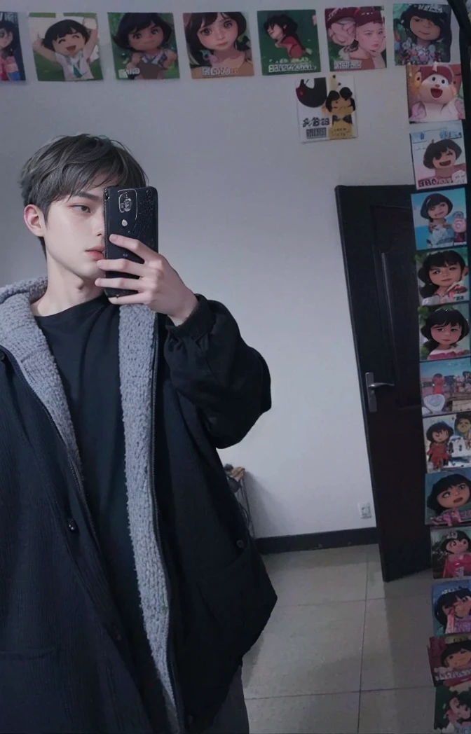 ((4K workasterpiece、（highest quality)、((High level image quality))、((One Manly Boy))、Because I&#39;m slender、black cardigan、((Men's Fashion))、(detailed beautiful eyes)、In a fashionable city、working on a pc in the office、Face similar to Chaewon in Ruseraphim、((Short hair over the ears))、((face becomes smaller))、((neutral face))、((light brown eyes))、((Korean boy))、((18-year-old))、((Handsome guy))、((Teeth and smile expression))、((korean makeup))、((long and sharp eyes))、((photo of a model))、((Like a celebrity))、professional photos、black cardigan、wolf cut、The neckline is longer