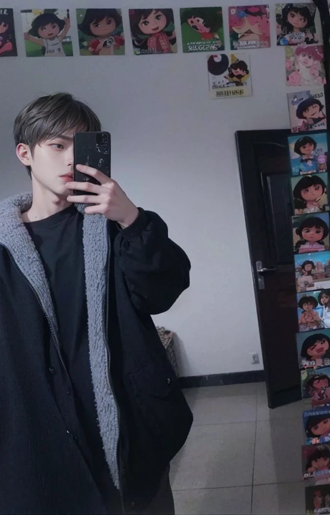 ((4K workasterpiece、(highest quality)、((High level image quality))、((One Manly Boy))、Because I'm slender、black cardigan、((Men's Fashion))、(detailed beautiful eyes)、In a fashionable city、working on a pc in the office、Face similar to Chaewon in Ruseraphim、((Short hair over the ears))、((face becomes smaller))、((neutral face))、((light brown eyes))、((Korean boy))、((18-year-old))、((Handsome guy))、((Teeth and smile expression))、((korean makeup))、((long and sharp eyes))、((photo of a model))、((Like a celebrity))、professional photos、black cardigan、wolf cut、The neckline is longer