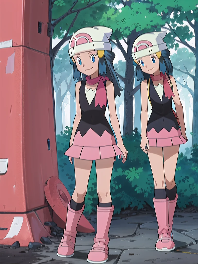 masterpiece, best quality, 1girl, dawn \(pokemon\), beanie, long hair, blue hair, blue eyes, black sleeveless shirt, pink scarf, pink skirt, pink boots, smile, looking at viewer, forest background