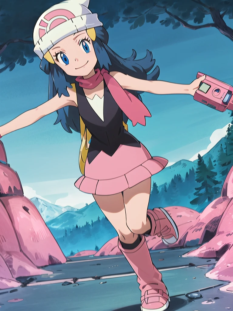 masterpiece, best quality, 1girl, dawn \(pokemon\), beanie, long hair, blue hair, blue eyes, black sleeveless shirt, pink scarf, pink skirt, pink boots, smile, looking at viewer, forest background