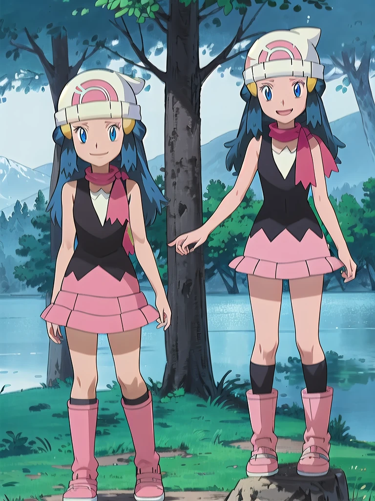 masterpiece, best quality, 1girl, dawn \(pokemon\), beanie, long hair, blue hair, blue eyes, black sleeveless shirt, pink scarf, pink skirt, pink boots, smile, looking at viewer, forest background