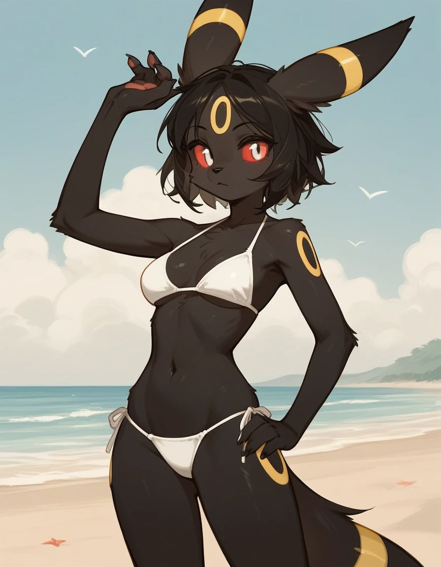 alone, score_9,score_8_up,score_7_up, anthro female umbreon, wearing frilly white bikini, standing on water, in the pool, water splash.