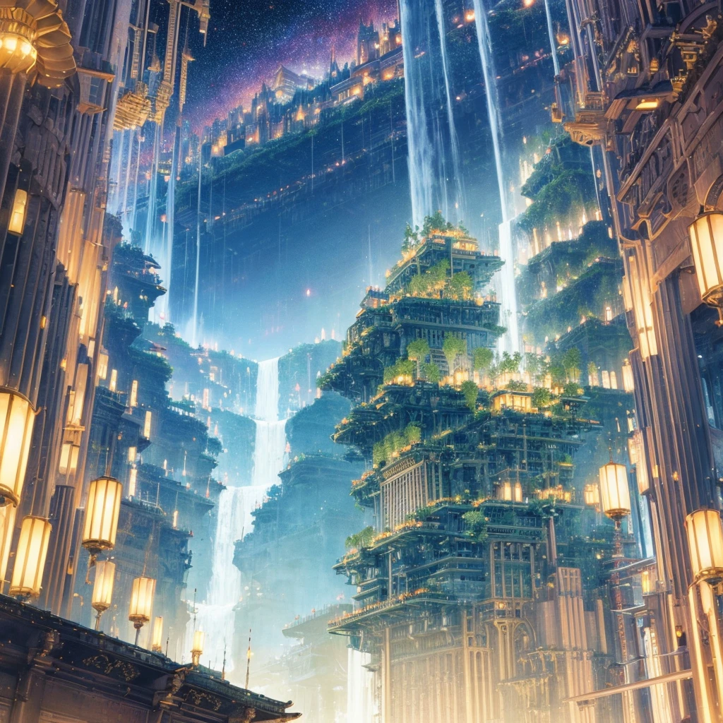 A huge fantastical sci-fi city, aether city, floating aerial metropolis,Skyscrapers、Daytime,Huge construction,Super huge waterfall,Super huge temple,Super huge torii,mysterious,Fantasy, towering skyscrapers, massive waterfall, celestial planets in the sky, surrounded by clouds, cosmic architecture, violet energy scars around, central massive castle, astral sky