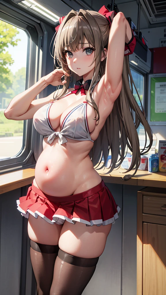 Isuzu Sento、Highest quality、Highest quality、Huge super 、Cleavage、A fawning expression、high school girl、sexual behavior、sex、Armpit、pregnancy、Cowgirl、vagina、Thighs、Knee socks、Armpit見せ、両Armpit見せ、Glare、Close-up、train、strap、Armpitチラ、Absolute area、Female organ、 slip out、strap、Sideboob