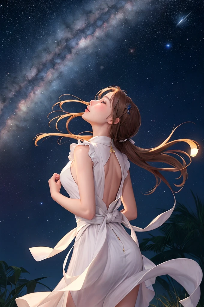 night, stars, Tanabata, Milky Way, one girl looking up at the sky, unpopular, quiet, beautiful stars, gentle breeze, girl standing, hands folded behind her back, wishes, girl is far away, ✨, ⭐, 🌌, 🪄, 🌠, 🎋night, stars, Tanabata, Milky Way, one girl looking up at the sky, unpopular, quiet, beautiful stars, gentle breeze, girl standing, hands folded behind her back, wishes, ✨, ⭐, 🌌, 🪄, 🌠, 🎋,octans,bamboolight💡