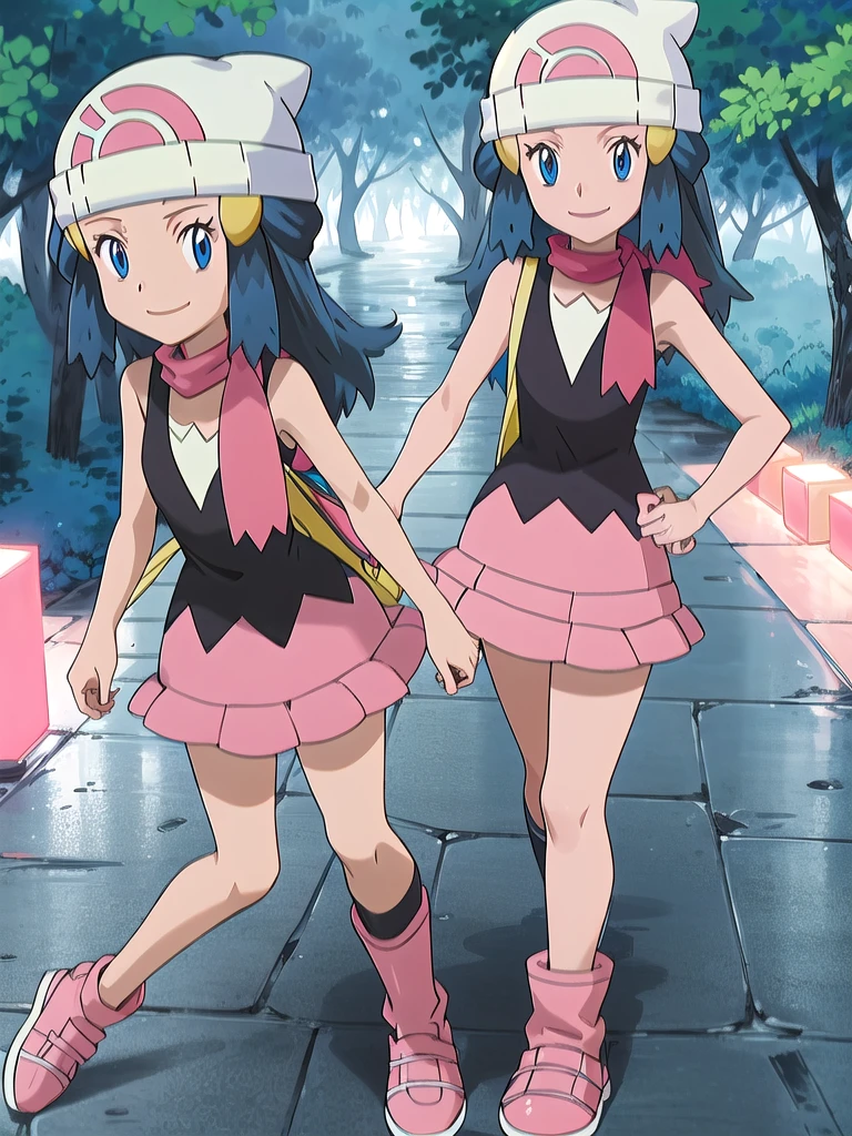 masterpiece, best quality, 1girl, dawn \(pokemon\), beanie, long hair, blue hair, blue eyes, black sleeveless shirt, pink scarf, pink skirt, pink boots, smile, looking at viewer, forest background