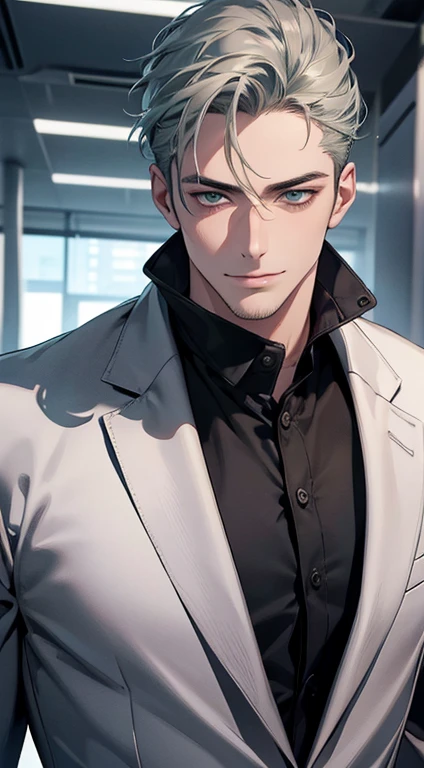 (best quality,4k,8k,highres,masterpiece:1.2),ultra-detailed,(realistic,photorealistic,photo-realistic:1.37),1 man,31 years old,mature man,very handsome,without expression,smile,short grey green hair,blue eyes,penetrating gaze,perfect face without errors,imposing posture,businessman,office background,cinematic lighting,hdr image