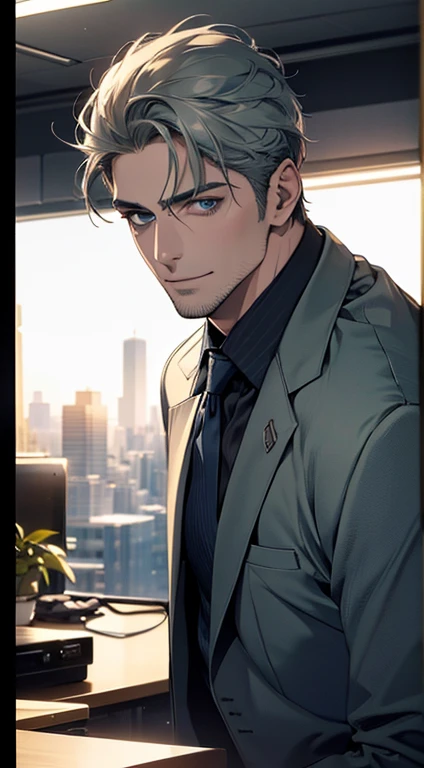 (best quality,4k,8k,highres,masterpiece:1.2),ultra-detailed,(realistic,photorealistic,photo-realistic:1.37),1 man,31 years old,mature man,very handsome,without expression,smile,short grey green hair,blue eyes,penetrating gaze,perfect face without errors,imposing posture,businessman,office background,cinematic lighting,hdr image