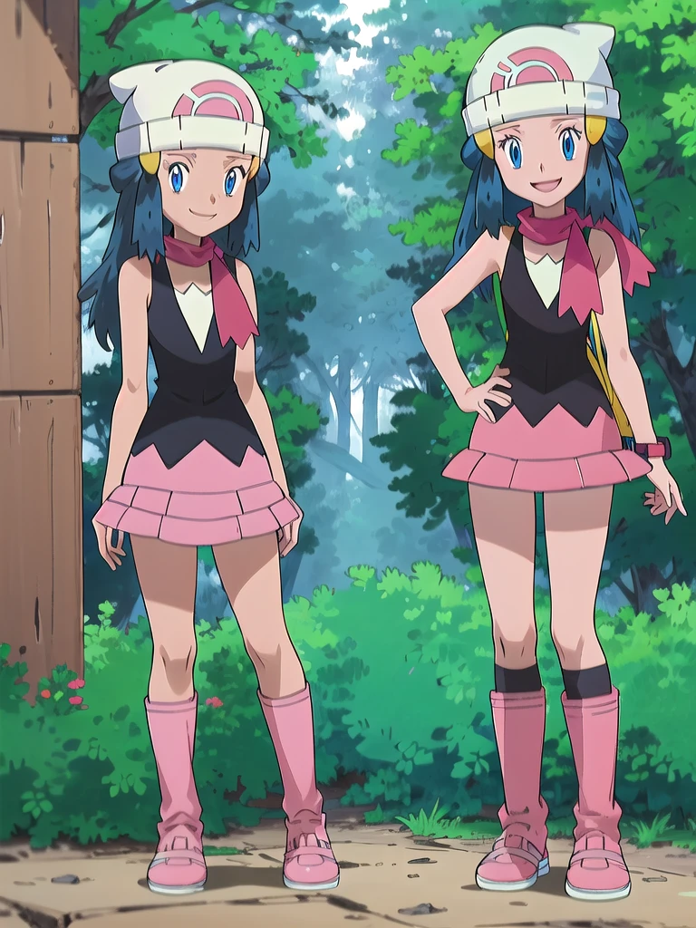 masterpiece, best quality, 1girl, dawn \(pokemon\), beanie, long hair, blue hair, blue eyes, black sleeveless shirt, pink scarf, pink skirt, pink boots, smile, looking at viewer, forest background
