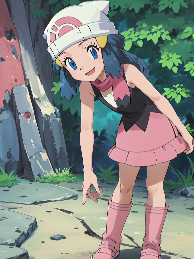 masterpiece, best quality, 1girl, dawn \(pokemon\), beanie, long hair, blue hair, blue eyes, black sleeveless shirt, pink scarf, pink skirt, pink boots, smile, looking at viewer, forest background