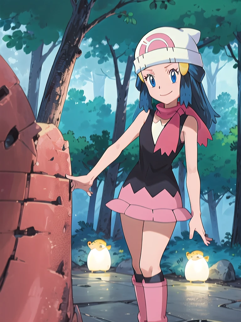 masterpiece, best quality, 1girl, dawn \(pokemon\), beanie, long hair, blue hair, blue eyes, black sleeveless shirt, pink scarf, pink skirt, pink boots, smile, looking at viewer, forest background