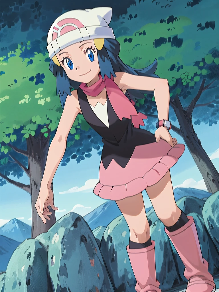 masterpiece, best quality, 1girl, dawn \(pokemon\), beanie, long hair, blue hair, blue eyes, black sleeveless shirt, pink scarf, pink skirt, pink boots, smile, looking at viewer, forest background