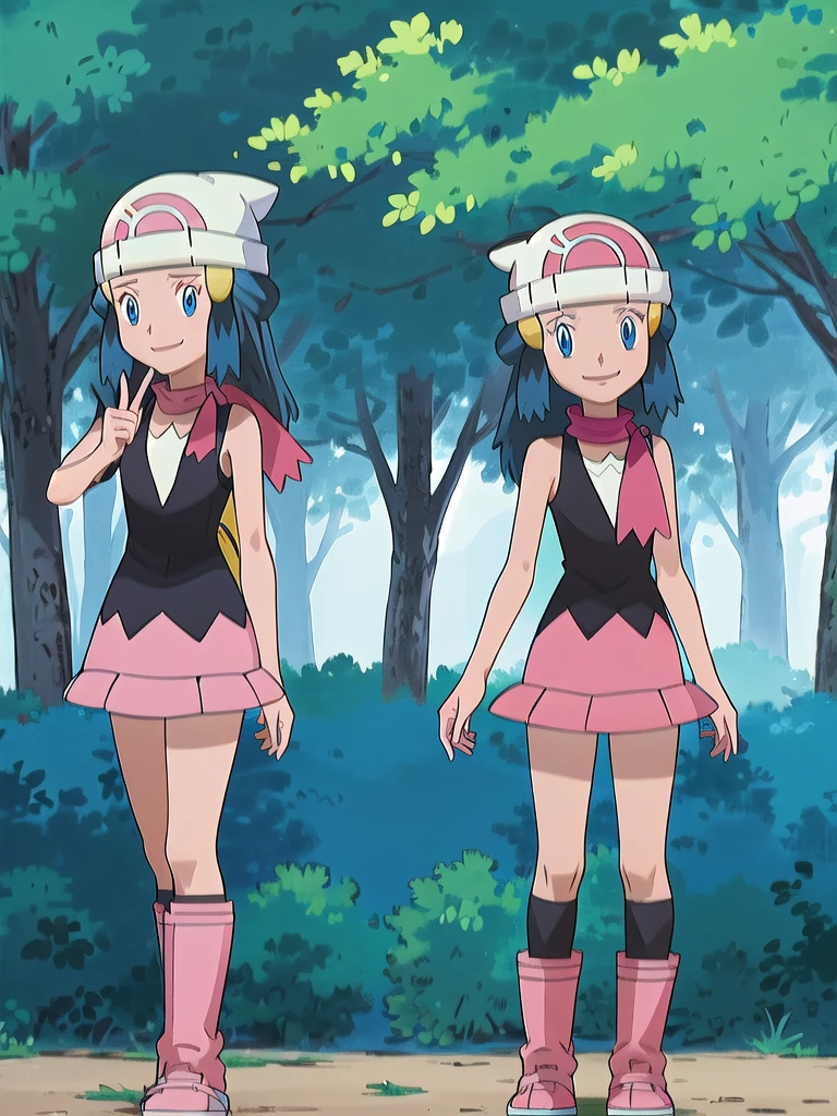 masterpiece, best quality, 1girl, dawn \(pokemon\), beanie, long hair, blue hair, blue eyes, black sleeveless shirt, pink scarf, pink skirt, pink boots, smile, looking at viewer, forest background