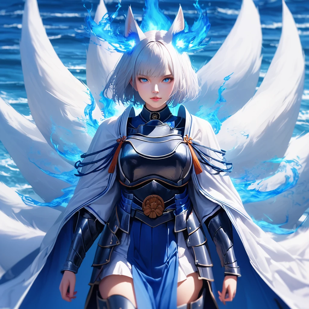 A woman wearing heavy blue armor with white trim, long white fur cape, samurai shoulder pad, metal samurai breastplate, metal boots, samurai bracelet, large breasts, blue flames on hands, blue flames, blue aura of flames, blue eyes emitting flames, white hair, short hair kitsune ear, kitsune tail, multi tail, large white fox in the background, wide sea view, a big blue flame in the background, blue flame over the sea, (woman alone),close view. realistic
