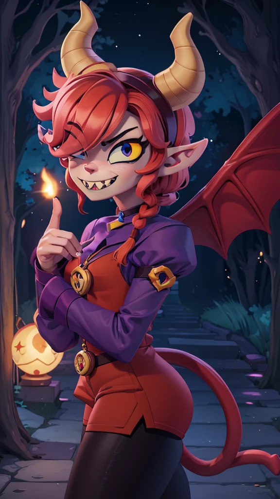 Surreal beautiful cat elf, detailed red hair, face detailed, big demon horns, fully body, Big eyes, long and pointed nose, colettetrixie, sharp teeth, hair over one eye, hairband, demon horns, colored sclera, purple shirt, purple shorts, demon wings, 8K