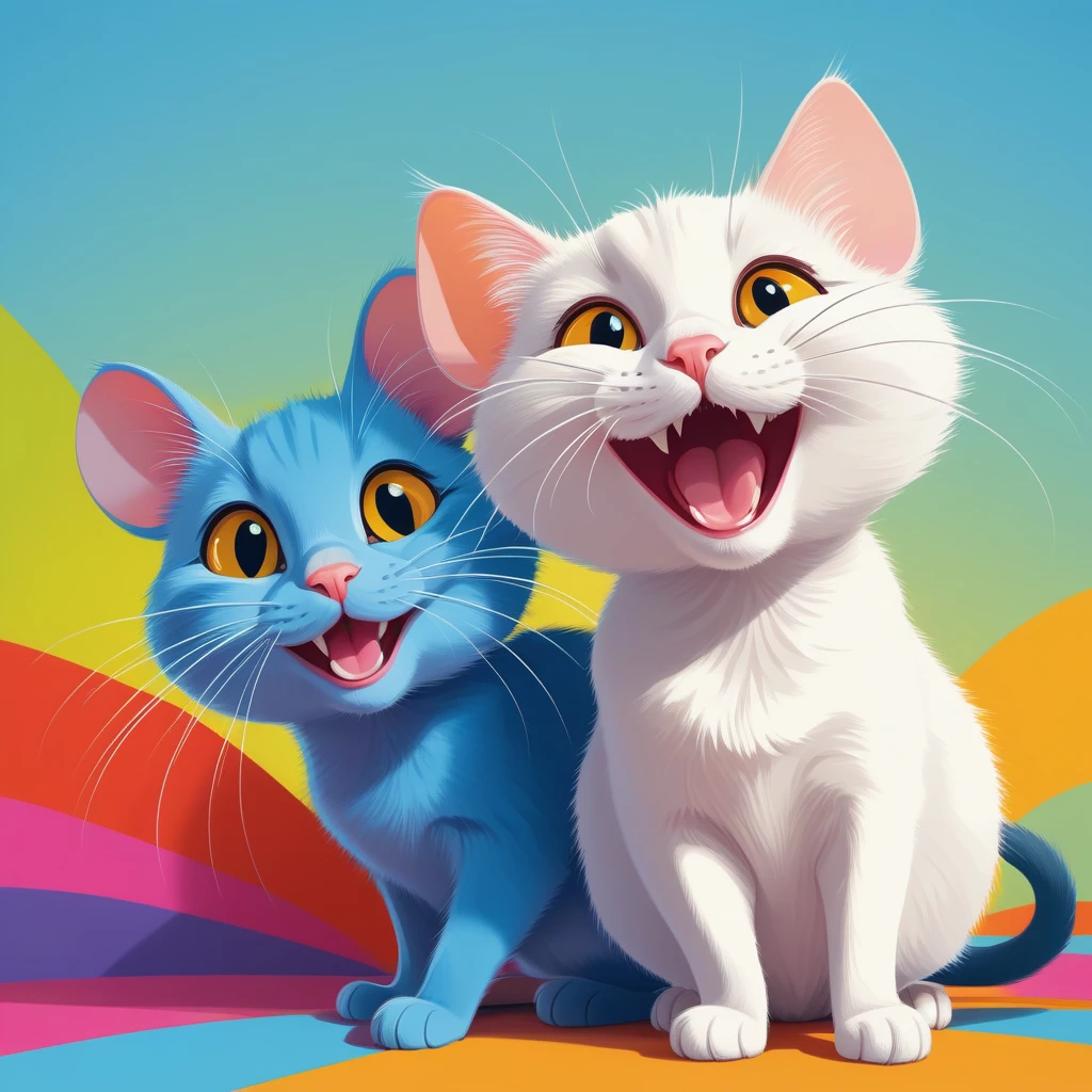 1 mouse, 1 cat, vector art, funny, smiling, looking at camera, colorful, vibrant, happy, playful, cartoon style, digital illustration, minimal style, simple shapes, bright colors, whimsical, cute, dynamic composition, high contrast, clean lines, bold colors, expressive, charming, lighthearted, joyful, whimsical, adorable, playful characters, positive mood, fun, (best quality,4k,8k,highres,masterpiece:1.2),ultra-detailed,(realistic,photorealistic,photo-realistic:1.37),digital painting