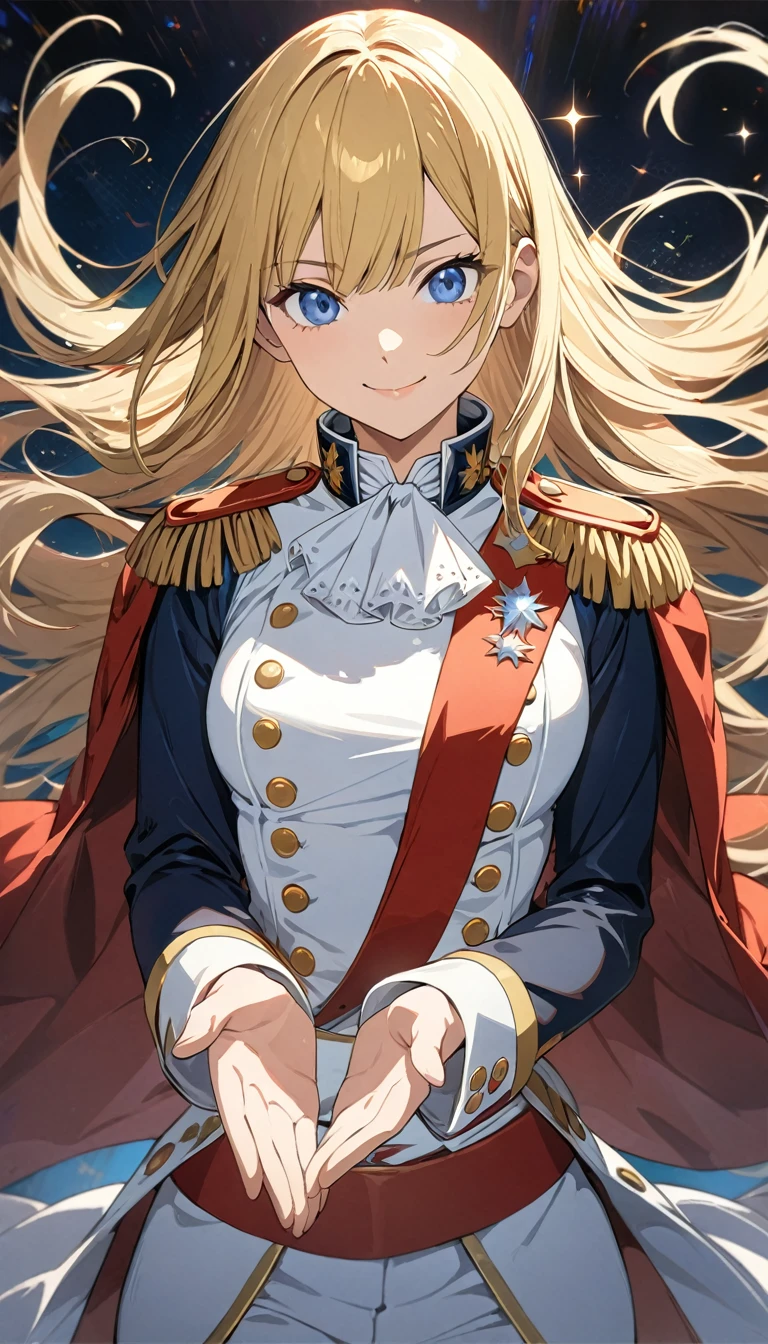 ((best quality)), ((masterpiece)), (detailed face and eyes), detailed hands and fingers, perfect face, accurate, textured skin, high details, blonde hair, hair behind ear, straight hair, floating hair, tareme, blue eyes, smile, Expressionism, anime, sparkle, Military uniform, Woman dressed as Napoleon, cowboy shot