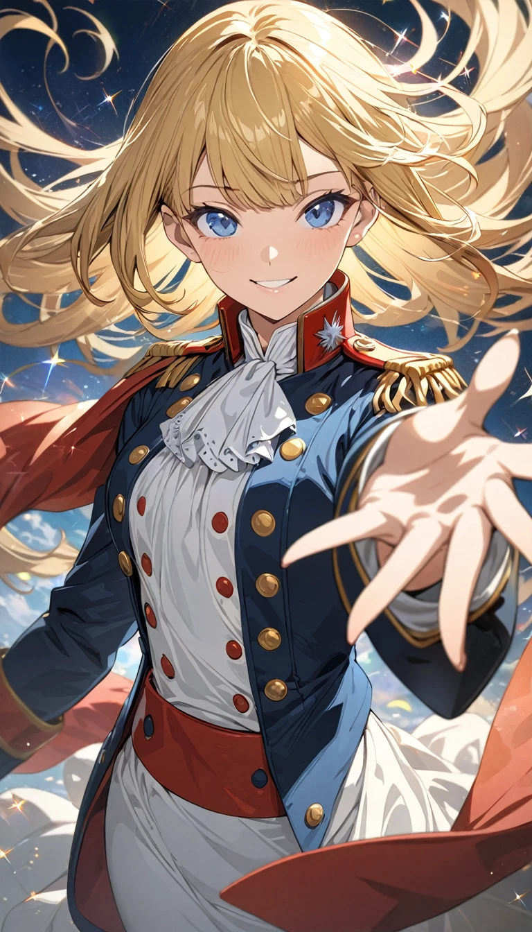 ((best quality)), ((masterpiece)), (detailed face and eyes), detailed hands and fingers, perfect face, accurate, textured skin, high details, blonde hair, hair behind ear, straight hair, floating hair, tareme, blue eyes, smile, Expressionism, anime, sparkle, Military uniform, Woman dressed as Napoleon, cowboy shot