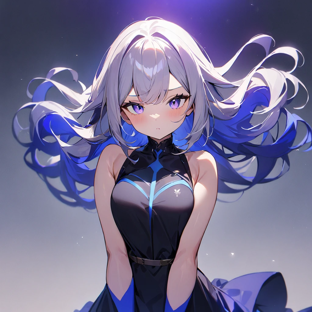 1 girl,Solo,long and shot hair,masterpiece, best quality, very aesthetic, absurdres,arms,face,hands,purple and blue,two tone color,v_arms