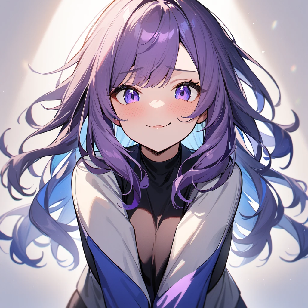 1 girl,Solo,long and shot hair,masterpiece, best quality, very aesthetic, absurdres,arms,face,hands,purple and blue,two tone color,v_arms
