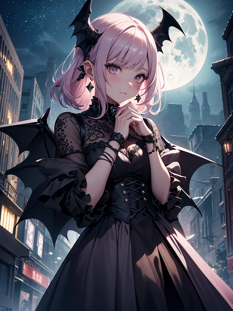 In the midst of an urban nightscape under the glow of a full moon, a female character stands out with her short white hair tinged with pink that matches the subtle accents of her attire. Her small black horns and bat-like wings add a touch of the fantastical, hinting at her daemon-like nature.
She’s dressed in a black dress adorned with intricate designs and multi-layered ruffles, with hints of pink that echo the color of her hair. The character’s contemplative pose is accentuated by her playful gesture, either holding her hands to her face or chewing on her fingers, infusing her with personality and emotion.
Her look is completed with accessories that include earrings dangling from pointed ears, chokers encircling her neck, and bracelets adorning her wrists, all of which enhance her gothic fashion statement.
Above her, the large full moon dominates the upper half of the scene, its pale light casting an ethereal glow. The silhouettes of bats flit around the moon, reinforcing the gothic fantasy theme.
Below, the urban landscape at night presents buildings silhouetted against a dark sky studded with stars, providing a realistic counterpoint to the fantastical elements above.
This image is a rich tapestry of gothic fashion and fantasy features, set against a detailed and atmospheric backdrop of an urban nightscape illuminated by a full moon. The character’s design and the scene’s composition come together to create a striking visual narrative.