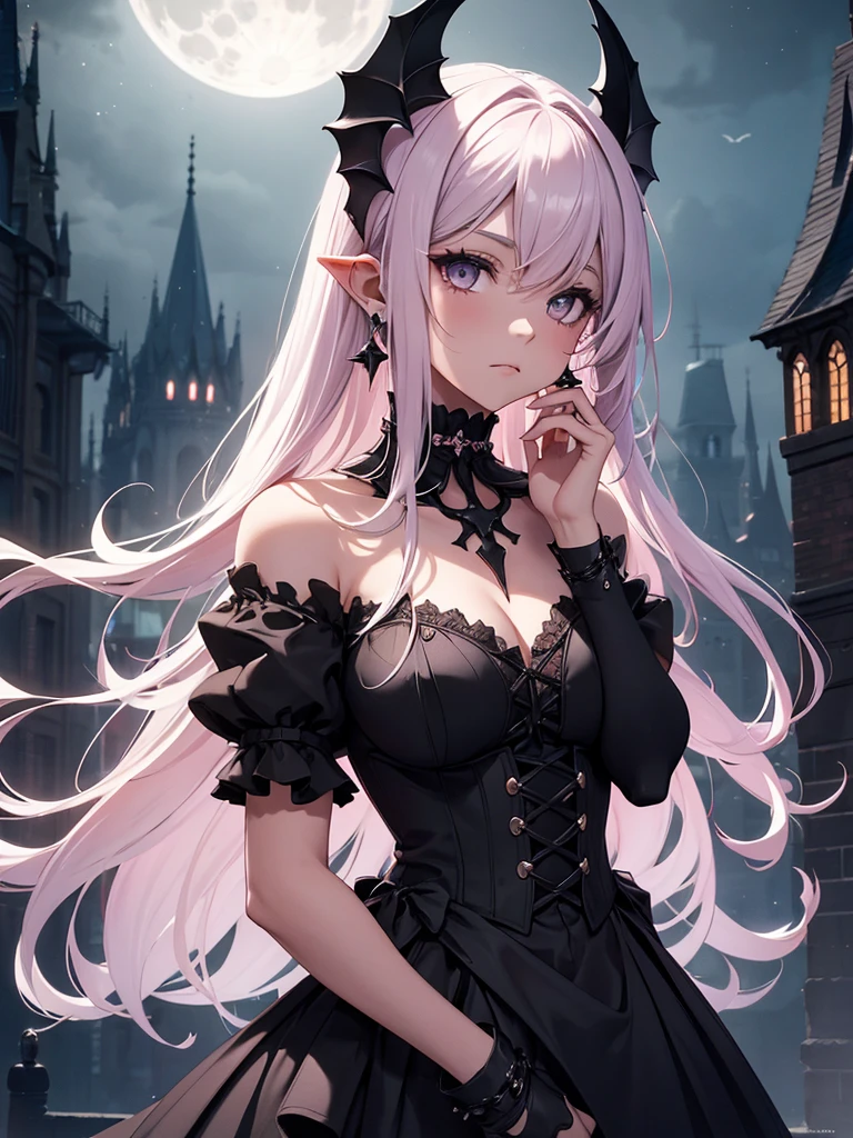 In the midst of an urban nightscape under the glow of a full moon, a female character stands out with her short white hair tinged with pink that matches the subtle accents of her attire. Her small black horns and bat-like wings add a touch of the fantastical, hinting at her daemon-like nature.
She’s dressed in a black dress adorned with intricate designs and multi-layered ruffles, with hints of pink that echo the color of her hair. The character’s contemplative pose is accentuated by her playful gesture, either holding her hands to her face or chewing on her fingers, infusing her with personality and emotion.
Her look is completed with accessories that include earrings dangling from pointed ears, chokers encircling her neck, and bracelets adorning her wrists, all of which enhance her gothic fashion statement.
Above her, the large full moon dominates the upper half of the scene, its pale light casting an ethereal glow. The silhouettes of bats flit around the moon, reinforcing the gothic fantasy theme.
Below, the urban landscape at night presents buildings silhouetted against a dark sky studded with stars, providing a realistic counterpoint to the fantastical elements above.
This image is a rich tapestry of gothic fashion and fantasy features, set against a detailed and atmospheric backdrop of an urban nightscape illuminated by a full moon. The character’s design and the scene’s composition come together to create a striking visual narrative.