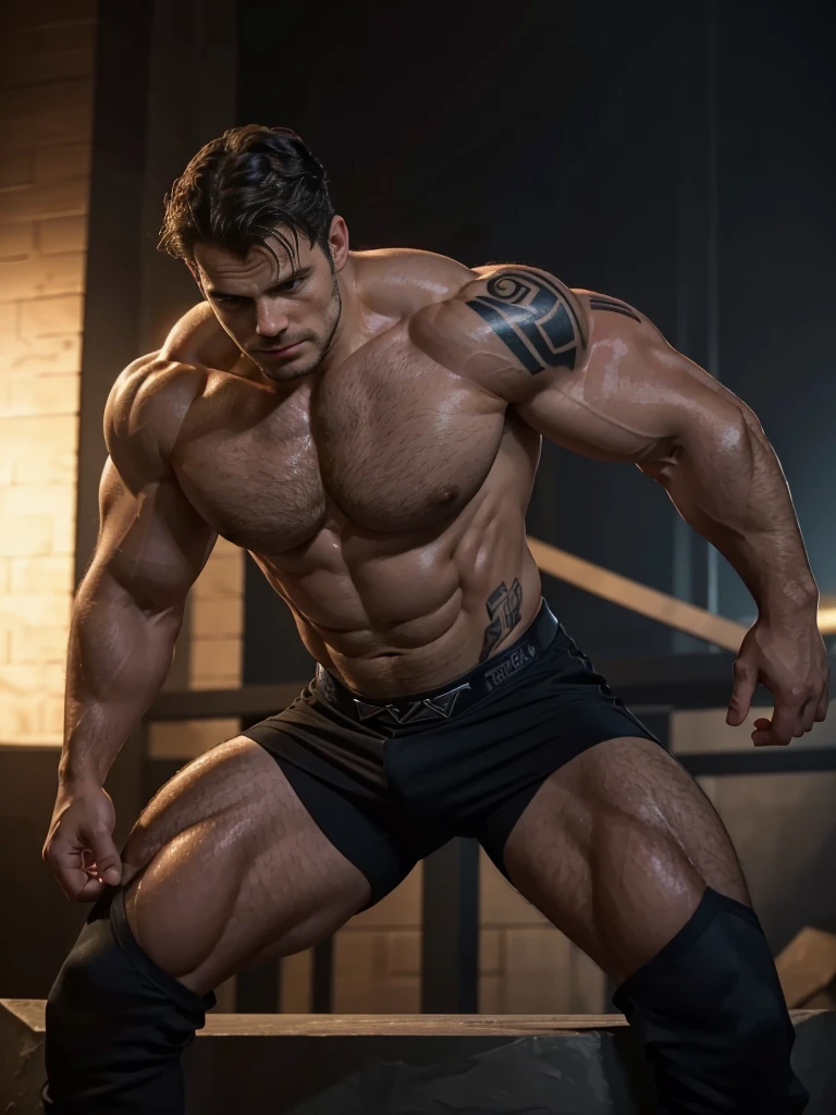 henry cavill (best quality,4k,8k,highres,masterpiece:1.2),ultra-detailed,(realistic,photorealistic,photo-realistic:1.37), y boy posing,portrait,emotion,casual outfit,dark background,vivid colors,dynamic lighting,sharp focus,muscular,stylish hair,smoldering eyes,intense gaze,strong jawline,defined facial features,confident expression,lean body,striking pose,athletic physique,tattoos,edgy style,shirtless,close-up,dramatic lighting,sexmile,piercing gaze,masculine charm,sensual,alluring,provocative stare,perfect body,dominaitude