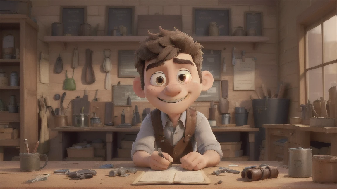 Sam is a 25-year-old shoemaker standing in his small, cozy shop. He has a friendly and warm expression on his face, with short, dark hair neatly combed to the side and a slight stubble on his face. Sam is of average height with a lean build, wearing a simple white shirt with the sleeves rolled up to his elbows, brown suspenders, and dark trousers. His shirt is slightly dusted with leather shavings. Around his waist, he wears a well-worn leather apron with various tools tucked into the pockets.The shop is filled with shelves lined with shoes of all kinds, from elegant high heels to sturdy work boots. There is a wooden workbench cluttered with tools, shoe parts, and a small cup of tea steaming next to a pair of boots he is currently repairing. The floor is wooden, and a small window lets in the afternoon light, illuminating the room with a warm, inviting glow. Behind Sam, hanging on the wall, are more tools and a few old, framed photos of the shop's history.Sam’s eyes reflect kindness and determination, showcasing his dedication to his craft and his compassionate nature.