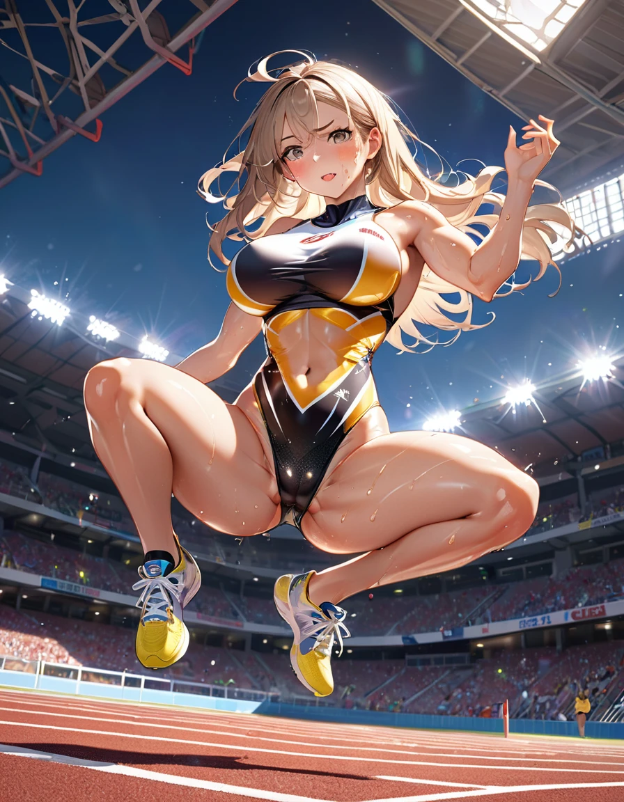 Woman doing athletics,(Highest quality,Extremely detailed depiction,Incredibly absurd high resolution,Anatomically accurate depiction),(Glowing Skin,Shiny skin,Sweat,Large Breasts),Jump,SFW:1.5,background:Athletics Stadium