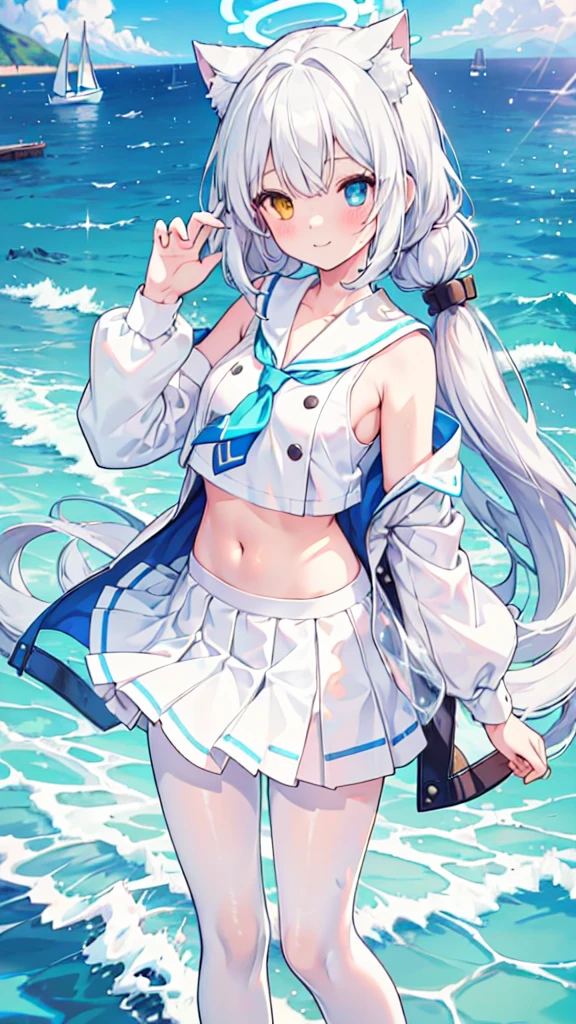 Sailor Suit,Navel,girl,White pantyhose,White hair,Long hair,Cat ear,Heterochromia blue-yellow,Smile,Female face,There are bright spots in the eyes,White little hands,Normal fingers,flat chest,Standing on the sea,Blue ring halo,White skirt,Blue long tie