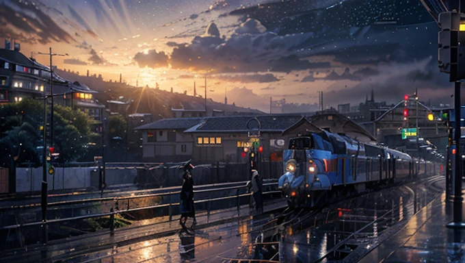 masterpiece, concept art, train station in the rain at night, a detailed matte painting, by Makoto Shinkai, featured on pixiv, photorealism, night starry sky full of cats, watching the sun set. anime, wlop hdr, from arknights, wide-screen, white snow, ( ( thomas kinkade ) ), artstatiom, 'the end, very long