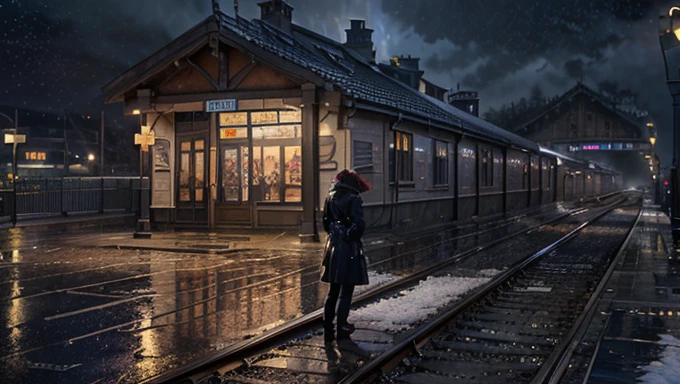 masterpiece, concept art, train station in the rain at night, a detailed matte painting, by Makoto Shinkai, featured on pixiv, photorealism, night starry sky full of cats, watching the sun set. anime, wlop hdr, from arknights, wide-screen, white snow, ( ( thomas kinkade ) ), artstatiom, 'the end, very long
