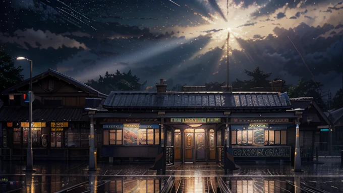 masterpiece, concept art, train station in the rain at night, a detailed matte painting, by Makoto Shinkai, featured on pixiv, photorealism, night starry sky full of cats, watching the sun set. anime, wlop hdr, from arknights, wide-screen, white snow, ( ( thomas kinkade ) ), artstatiom, 'the end, very long