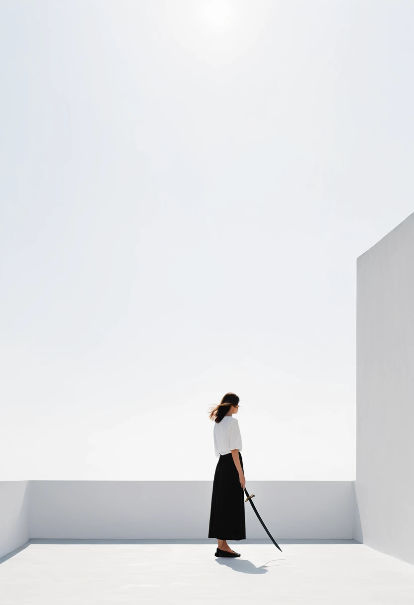 Girl with sword on the rooftop，Simple lineinimalism，Abstract Art，Lots of white space