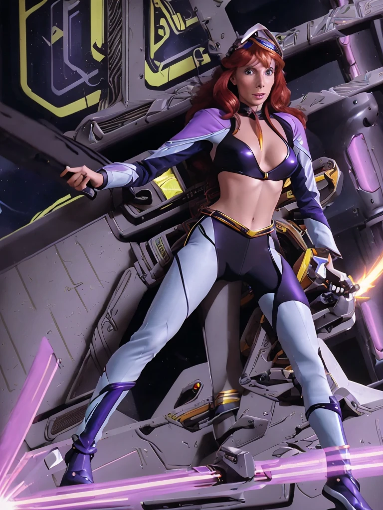 Beverly Crusher (Cyberpunk Amazon Warrior, metallic neon violet bikini and winged tiara, violet chrome laser lance) riding atop a mecha tortoise (large saddle flanked by cannons, violet theme)