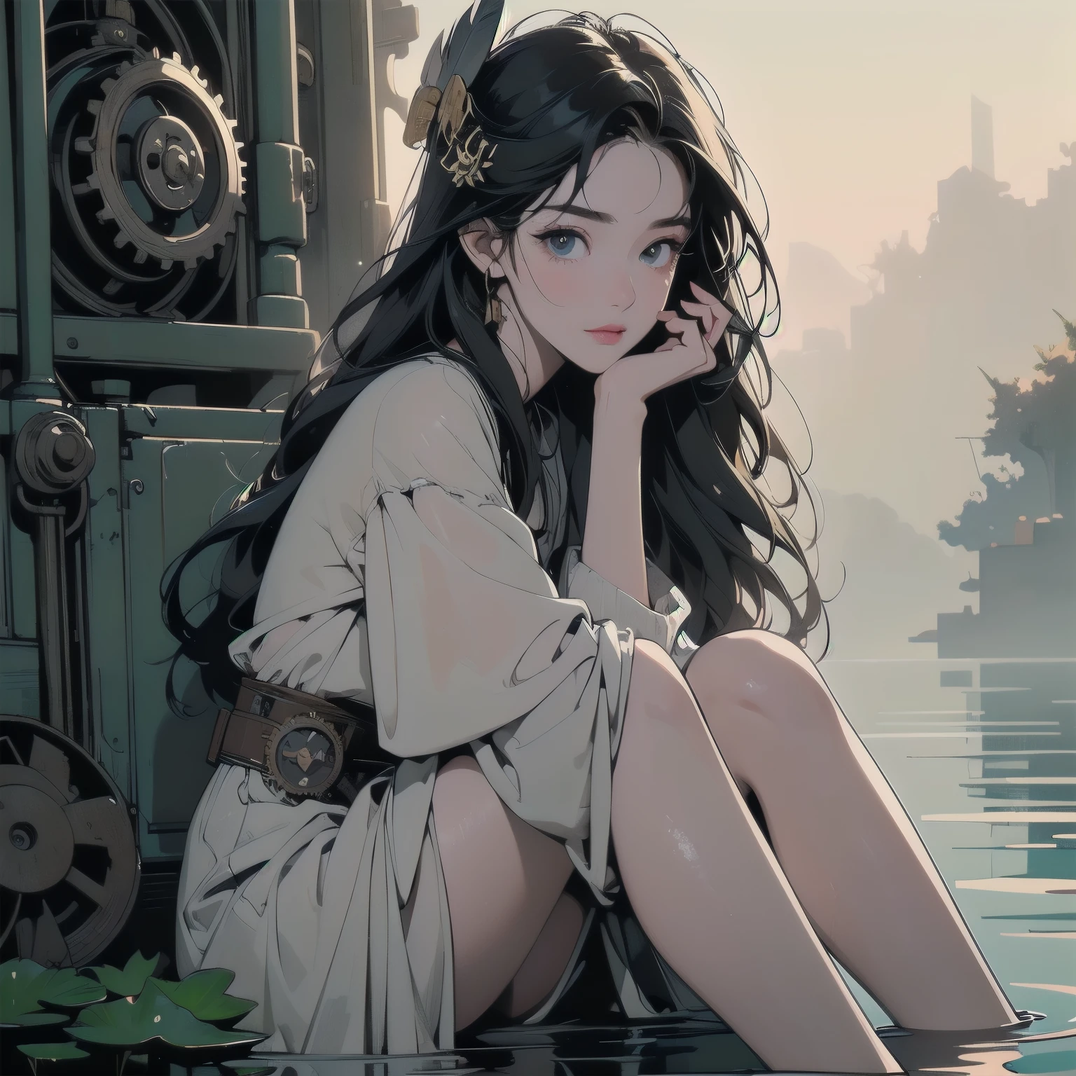 Sitting on the floor holding your knees、Hazy with fog, lake, (((Lots of lotus))), Body immersed in water, water droplets, perfect face, sperkling eyes, (((mysterious)))、pale light, light on the face, moonlight, Top quality, masterpiece, detailed background, detailed hair, beautiful woman、Perfect body, perfect legs, perfect face、(((Ruins of Machinery)))、(((Lots of gears))), (((Head shot)))、dull color、national costume、Ultra detailed face、Wet face, wet hair、(((feather ornament)))