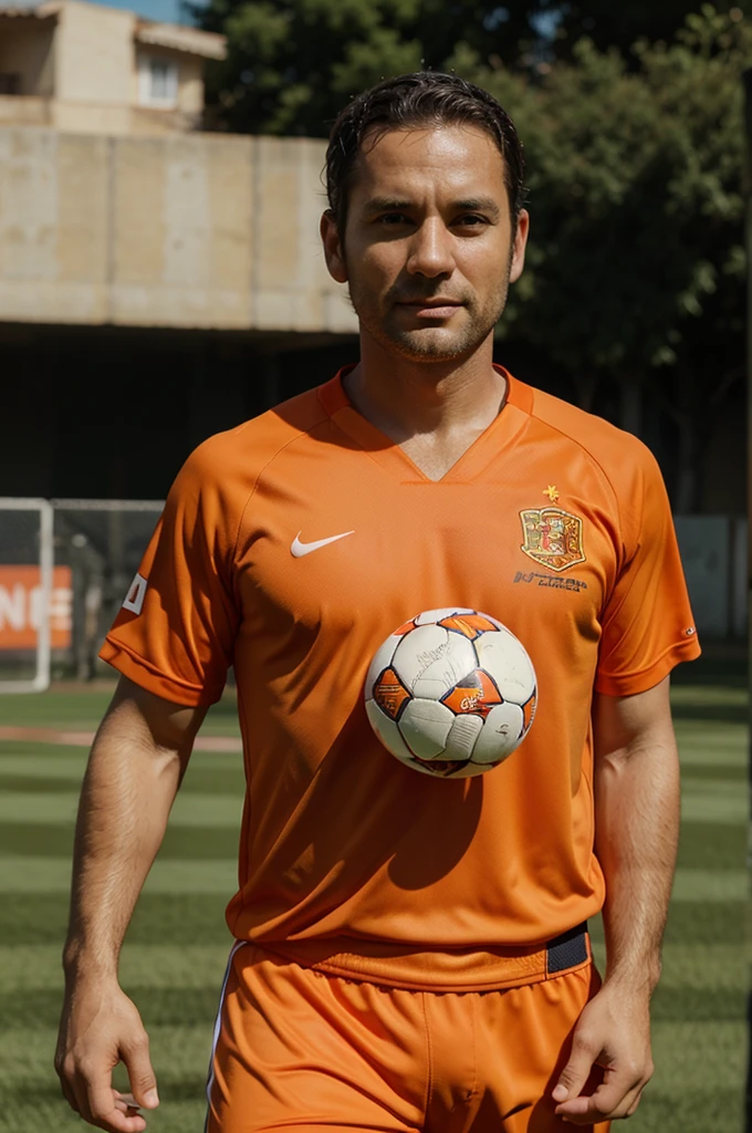 Make a photo of a 36 year old man on the field wearing an orange Spanish jersey and holding a ball, Original real photo