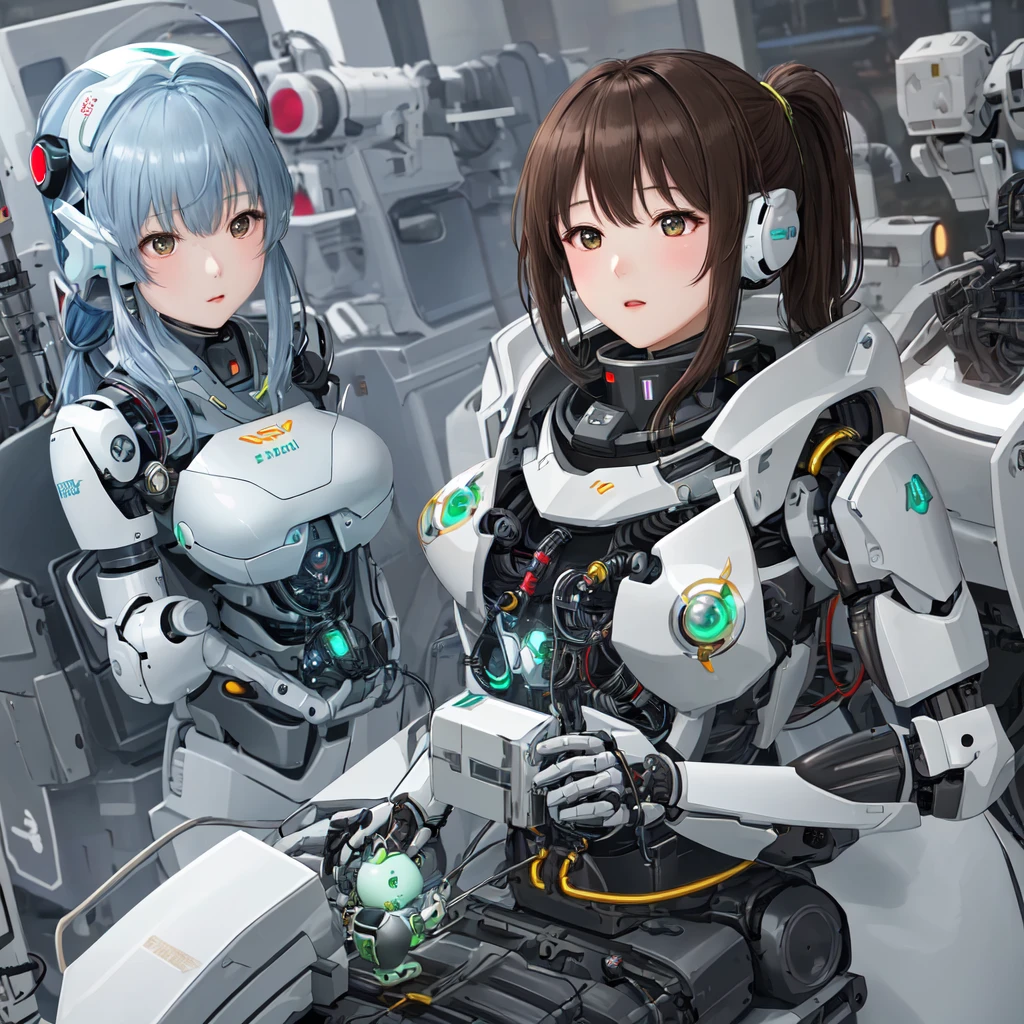 2 depicts a 39-year-old Japanese female robot being repaired.Please provide 5D art。She has wavy brown hair tied in a ponytail..、has green eyes。Her figure is plump and charming.、The body is made of silver metal.、Made of ball joint。Her body, Modified to robot, Has been demolished.、When drawing, please make sure the internal mechanical parts and wiring are clearly visible..。She has no expression on her face、The background is the atmosphere of a robot factory.、请让构图看起来像是一个机械手或组装在维护Her body.。